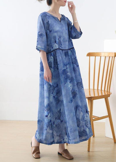 Women Blue Print Pockets Holiday Summer Linen Dress - bagstylebliss