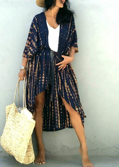 Women Blue Print low high design kimono robe Cotton Long Loose cardigans - bagstylebliss