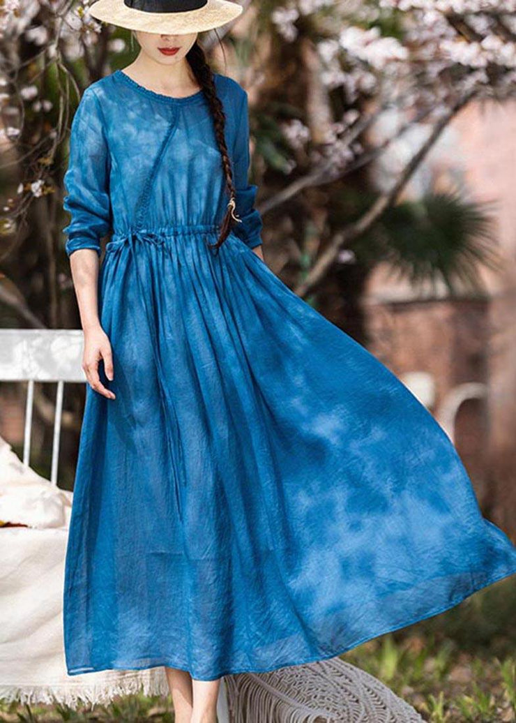 Women Blue Ruffled Pockets Party Summer Linen Dress - bagstylebliss