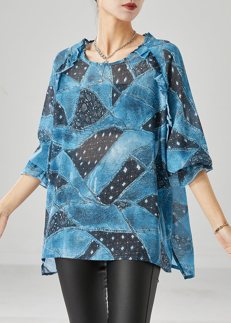 Women Blue Ruffled Print Chiffon Tanks Fall