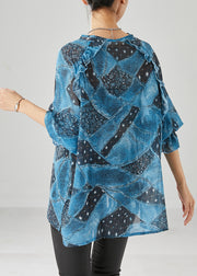 Women Blue Ruffled Print Chiffon Tanks Fall