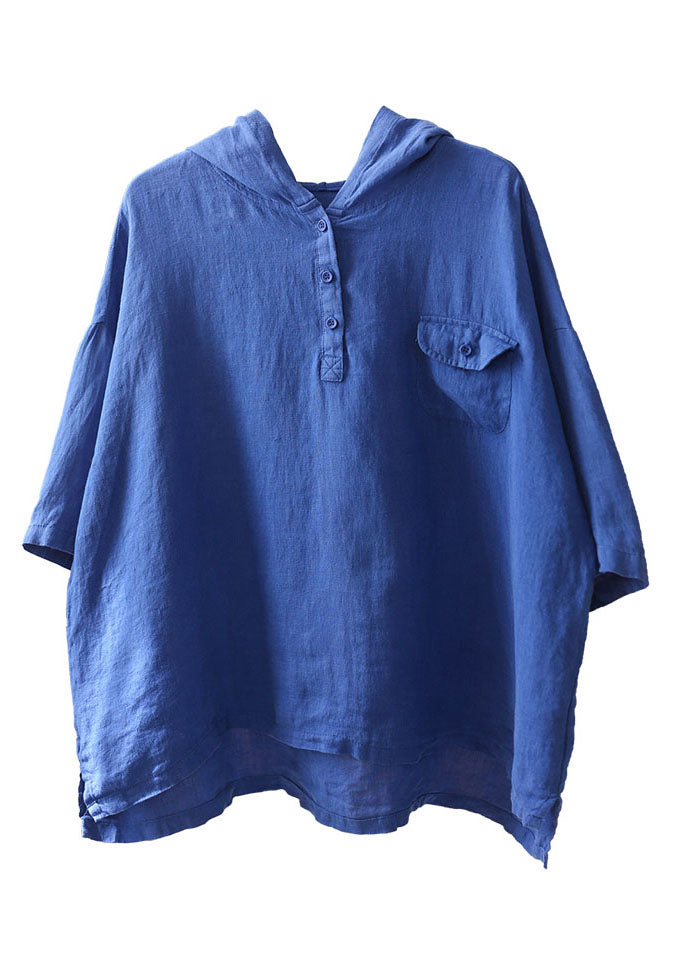 Women Blue Solid Color Hooded Pockets Linen Pullover Top Summer