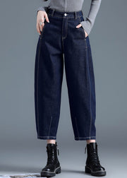 Women Blue Solid High Waist Pockets Cotton Denim Harem Pants Summer