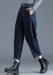 Women Blue Solid High Waist Pockets Cotton Denim Harem Pants Summer