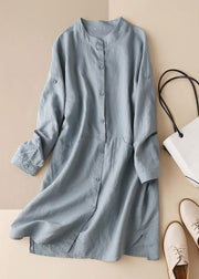 Women Blue Stand Collar Button Side Open Shirt Dresses Long Sleeve