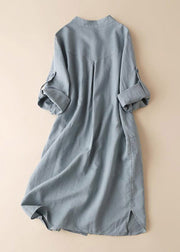 Women Blue Stand Collar Button Side Open Shirt Dresses Long Sleeve