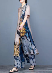 Women Blue Stand Collar Draping Print Silk Long shirt And Wide Leg Pants Two Piece Suit Set Summer