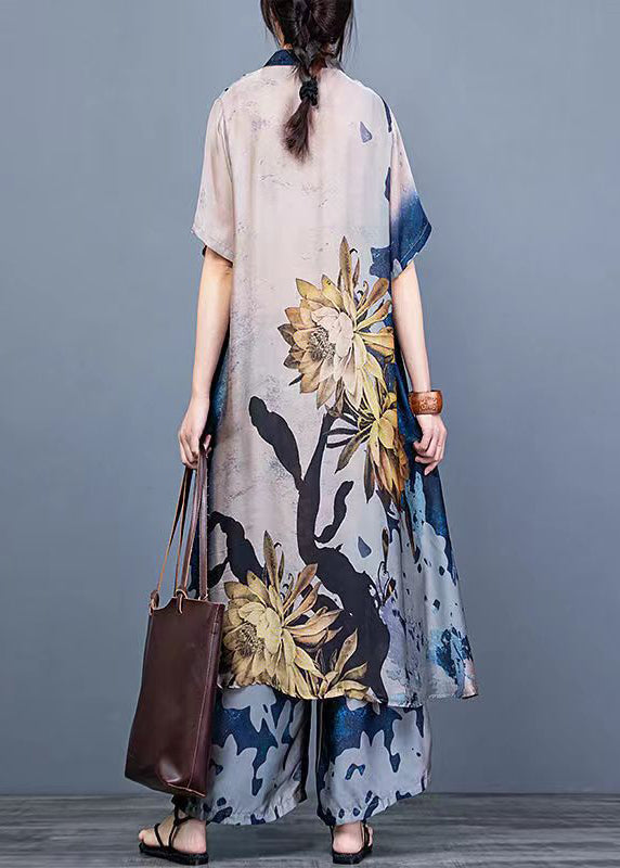 Women Blue Stand Collar Draping Print Silk Long shirt And Wide Leg Pants Two Piece Suit Set Summer