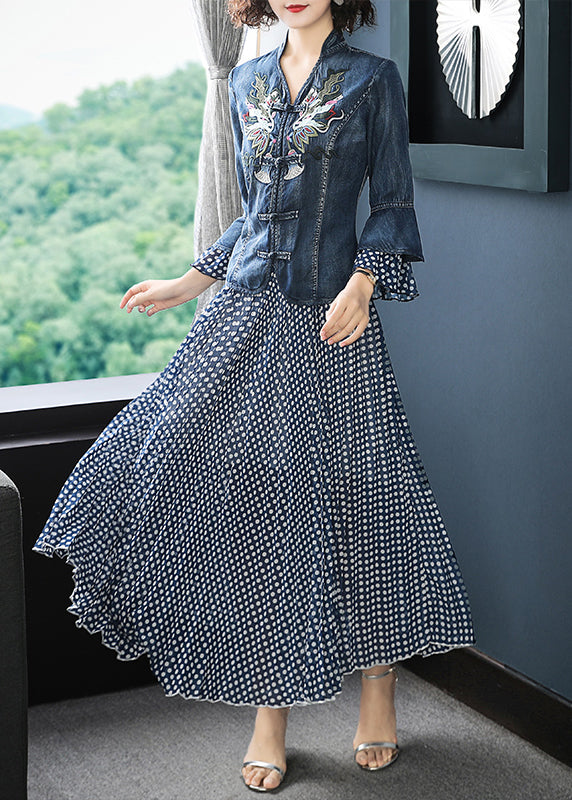 Women Blue Stand Collar Embroideried Patchwork Cotton Denim Coats Dot print Chiffon skirt Two Pieces Set flare sleeve