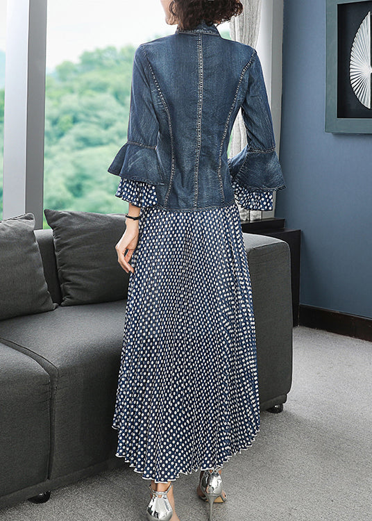 Women Blue Stand Collar Embroideried Patchwork Cotton Denim Coats Dot print Chiffon skirt Two Pieces Set flare sleeve