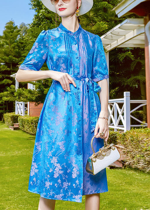 Women Blue Stand Collar Jacquard Tie Waist Silk Shirt Dress Short Sleeve