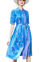 Women Blue Stand Collar Jacquard Tie Waist Silk Shirt Dress Short Sleeve