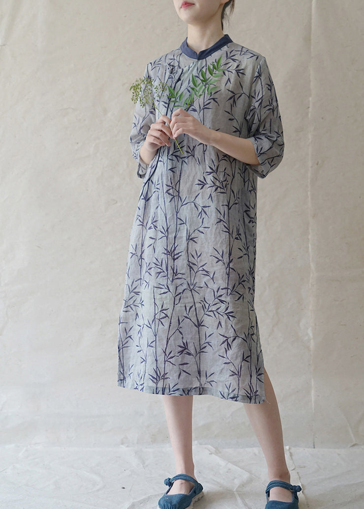 Women Blue Stand Collar side open print Patchwork Linen Dresses Three Quarter sleeve