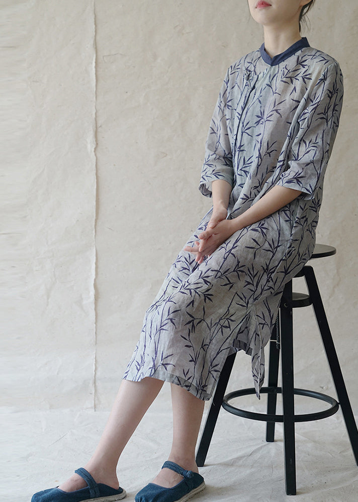 Women Blue Stand Collar side open print Patchwork Linen Dresses Three Quarter sleeve