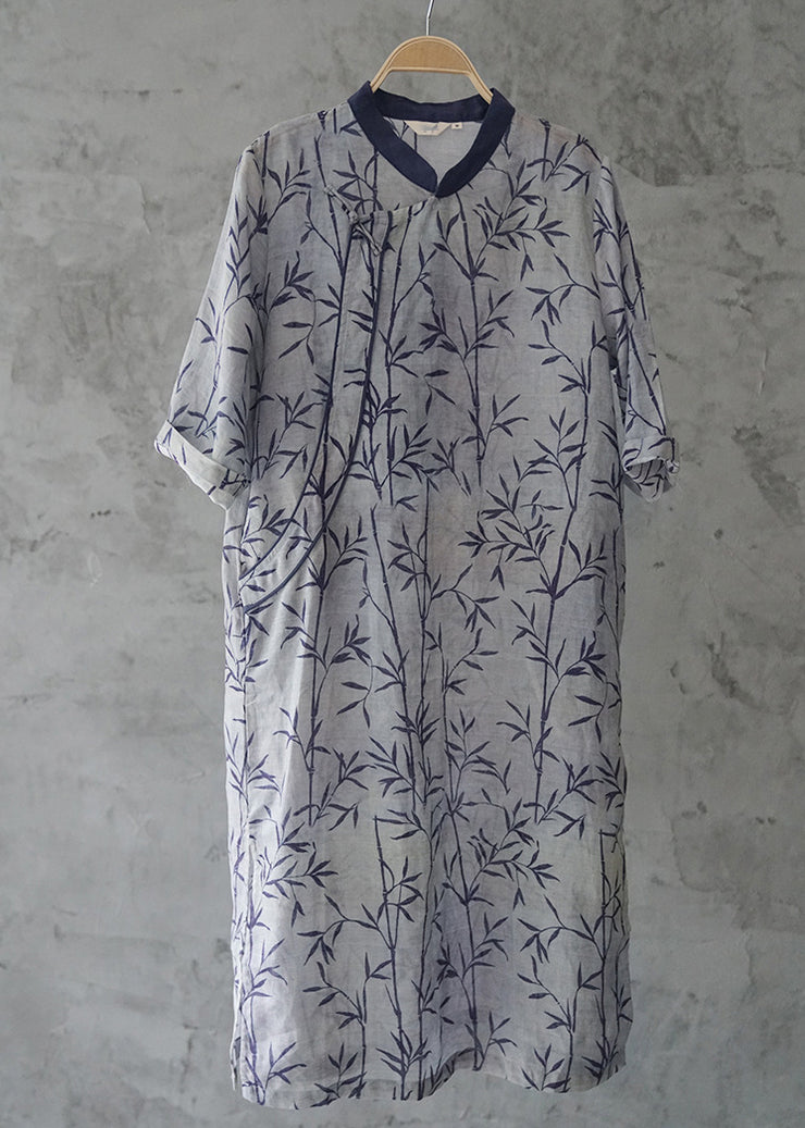 Women Blue Stand Collar side open print Patchwork Linen Dresses Three Quarter sleeve