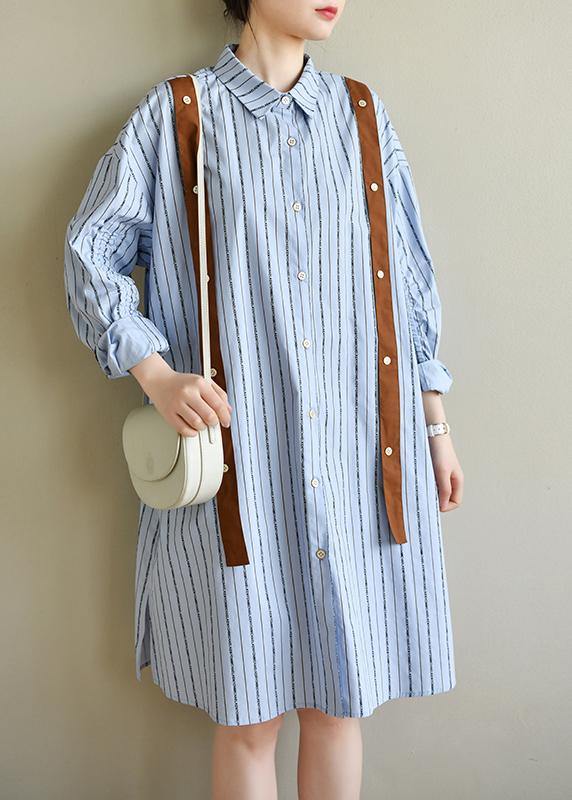 Women Blue Striped Cotton Button Spring Dresses - bagstylebliss