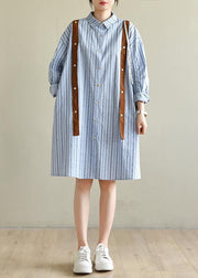 Women Blue Striped Cotton Button Spring Dresses - bagstylebliss