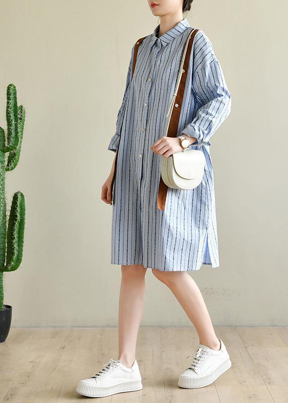 Women Blue Striped Cotton Button Spring Dresses - bagstylebliss