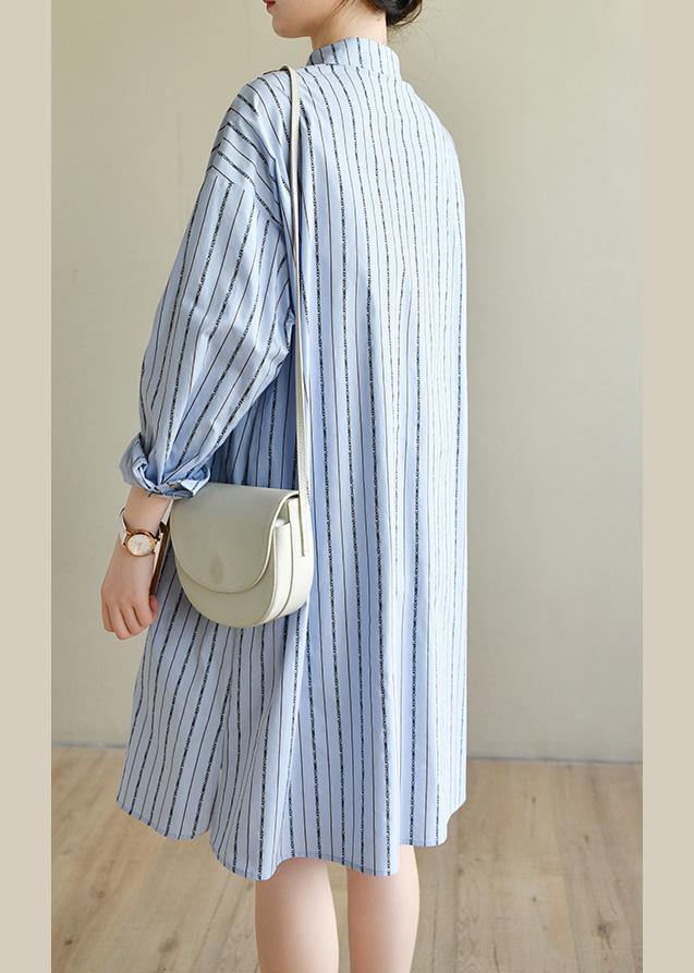 Women Blue Striped Cotton Button Spring Dresses - bagstylebliss