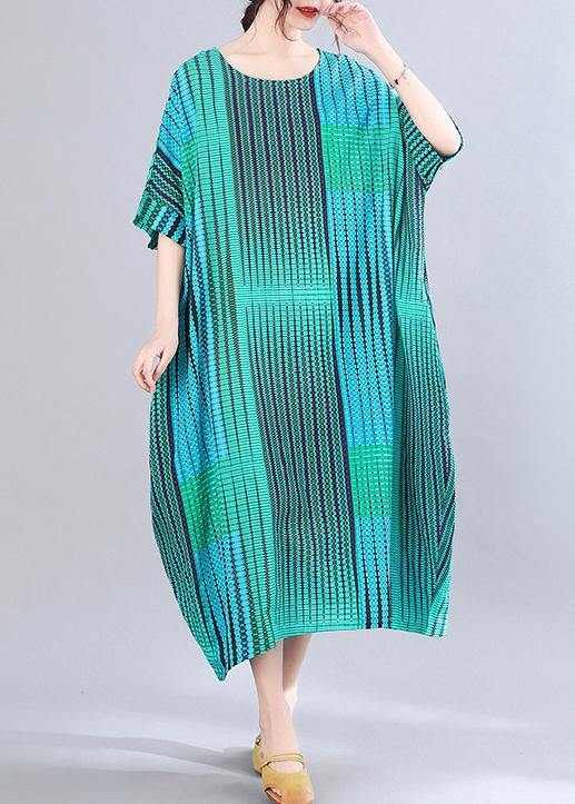 Women Blue Striped O-Neck Short Sleeve Holiday Summer Cotton Dress - bagstylebliss