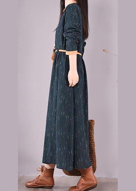 Women Blue Striped Quilting Clothes O Neck Tie Waist Long Spring Dresses - bagstylebliss