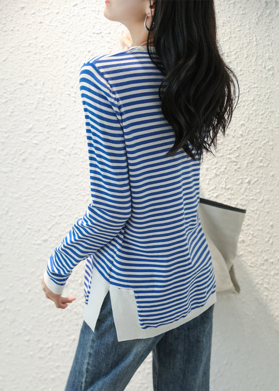 Women Blue Striped Side Open  Knitting Cotton Tops Fall