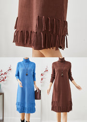 Women Blue Tasseled Patchwork Knit Long Dress Fall