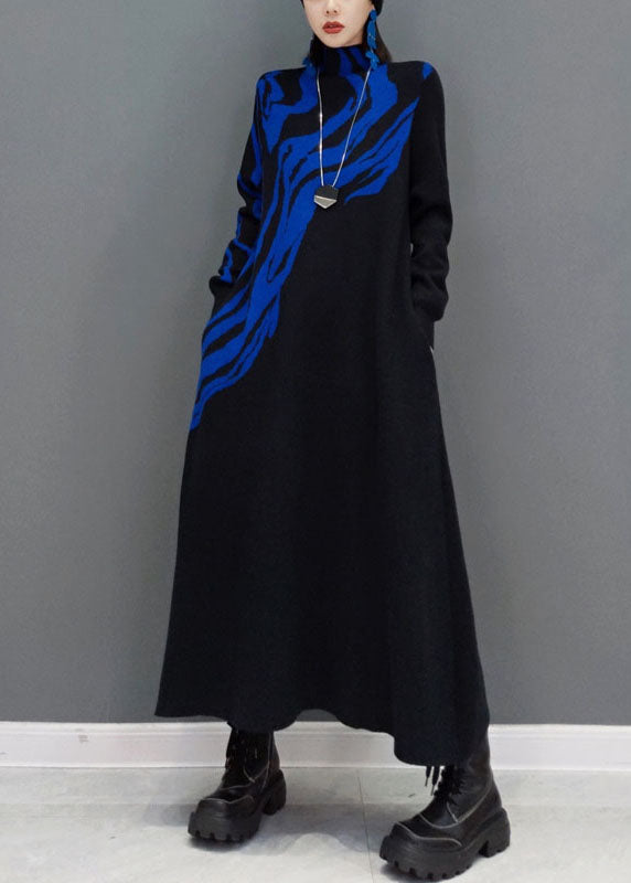 Women Blue Turtle Neck Knit long Dress Spring