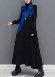 Women Blue Turtle Neck Knit long Dress Spring