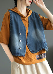 Women Blue V Neck Asymmetrical Denim Coats Sleeveless