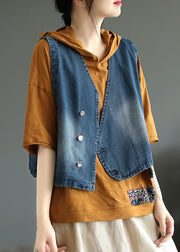 Women Blue V Neck Asymmetrical Denim Coats Sleeveless