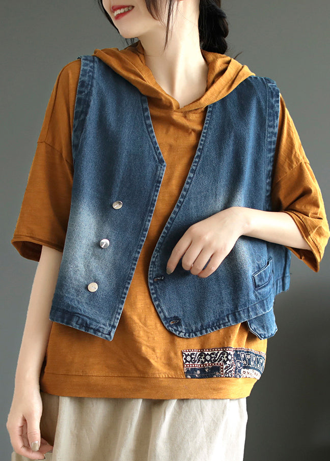 Women Blue V Neck Asymmetrical Denim Coats Sleeveless