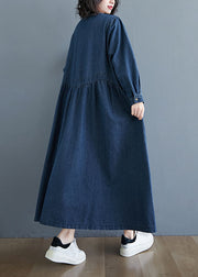 Women Blue V-Neck Pockets Wrinkled Patchwork Denim Dress Fall