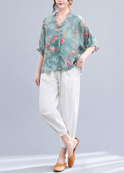 Women Blue V Neck Ruffled Print Cotton Tops And Harem Pants Two Pieces Set Summer