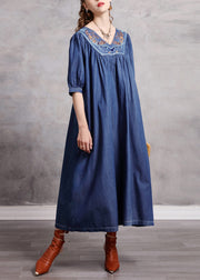 Women Blue V Neck wrinkled Embroideried Cotton Party Dress Half Sleeve