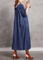 Women Blue V Neck wrinkled Embroideried Cotton Party Dress Half Sleeve