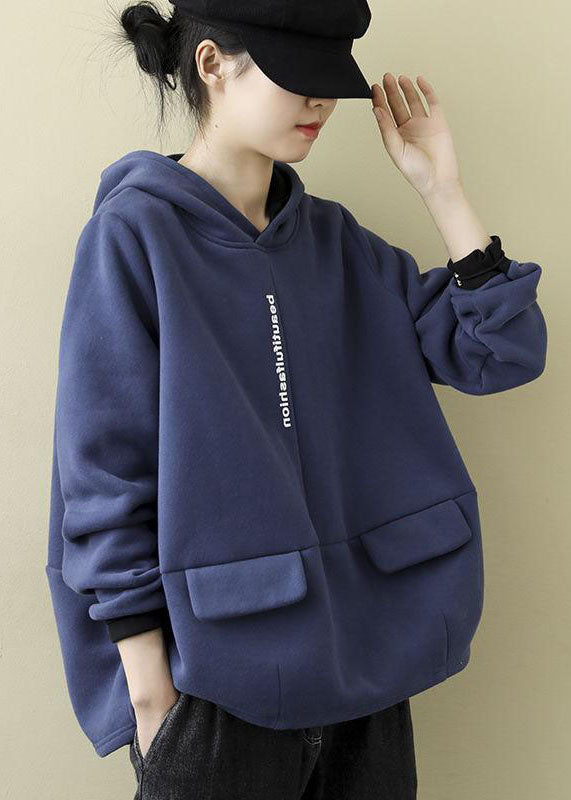 Women Blue Warm Fleece Hooded Pullover Sweatshirt Winter