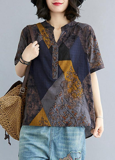 Women Blue Yellow V Neck Cotton Linen Blouse Tops Summer - bagstylebliss