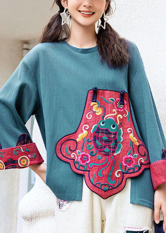 Women Blue asymmetrical design Embroideried Sweatshirts tops Spring