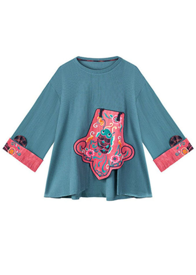 Women Blue asymmetrical design Embroideried Sweatshirts tops Spring