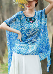 Women Blue asymmetrical design O-Neck Embroideried print Tops Spring