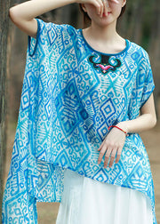 Women Blue asymmetrical design O-Neck Embroideried print Tops Spring