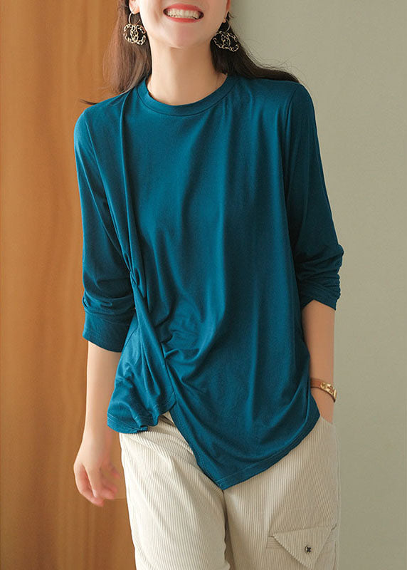 Women Blue asymmetrical design wrinkled Fall Blouses