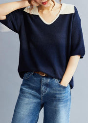 Women Blue cotton Blouse POLO Collar oversized Summer Shirt Style - bagstylebliss