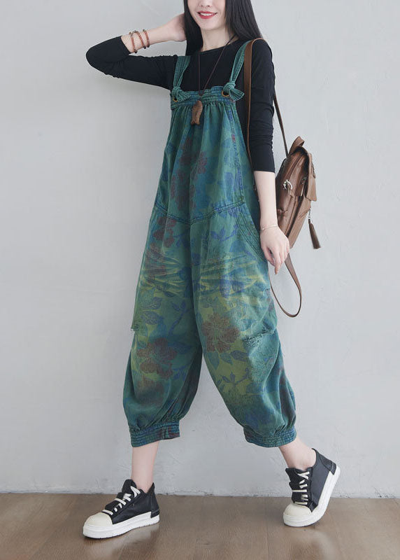 Women Blue pockets Print denim Jumpsuits Spring