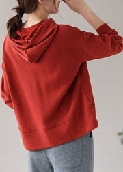 Women Brick Red Drawstring Hooded Print Cotton Sweatshirts Top Long Sleeve