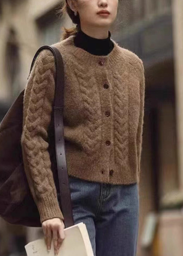 Women Brown Button  Warm Knit Coats Fall