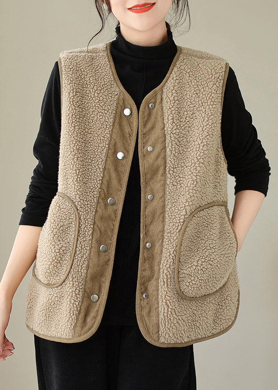 Women Brown Button Pockets Teddy Faux Fur Waistcoat Sleeveless