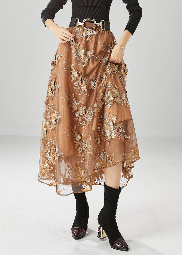 Women Brown Elastic Waist Embroidered Tulle Skirts Fall