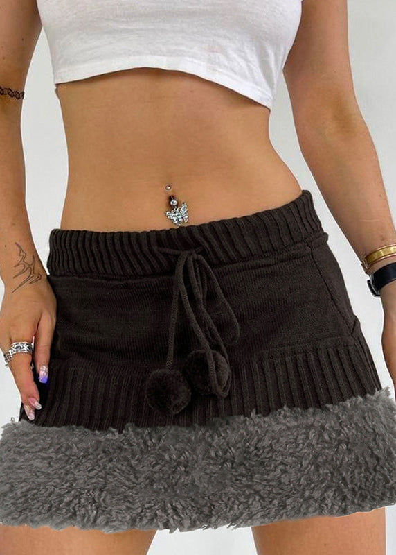 Women Brown Fluffy Elastic Waist Patchwork Knit Skirts Fall